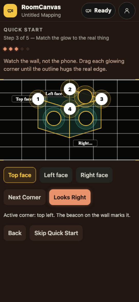 Quick Start corner-fitting step with a mapped cube